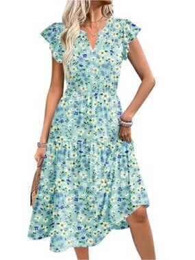 Women's Casual Midi Dress Ruffle Sleeve V Neck Flowy Tiered with Pockets Summer
